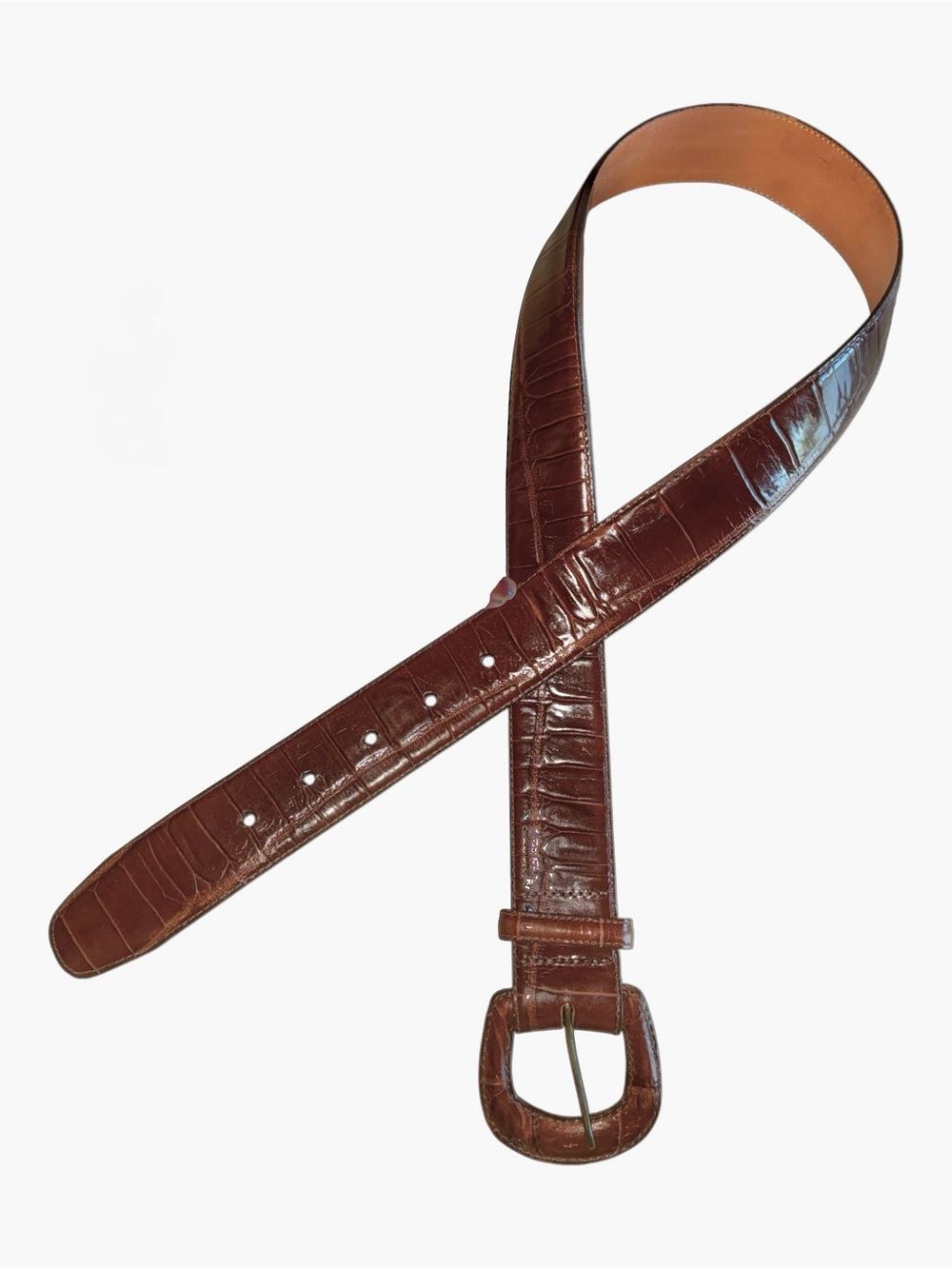 Harolds Brown Leather Belt women's 30, Classic croc print, Rounded Buckle EUC